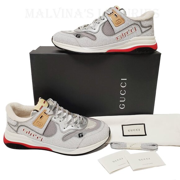 GUCCI SNEAKERS MENS ULTRAPACE SILVER LEATHER SHOES w LOGO - Picture 2 of 15
